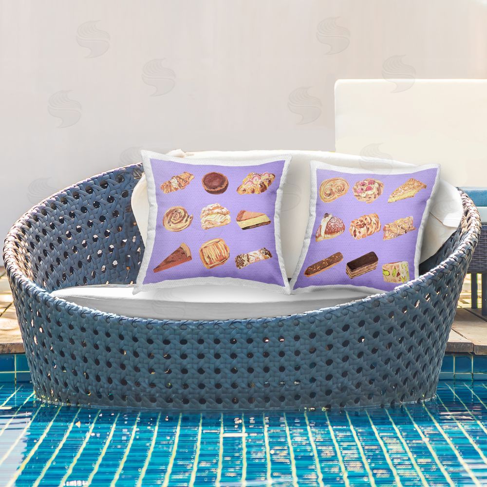 Melissa Wang Various Pastries on Purple Outdoor Quick-Dry Polyester Printed Throw Pillow in Back Yard
