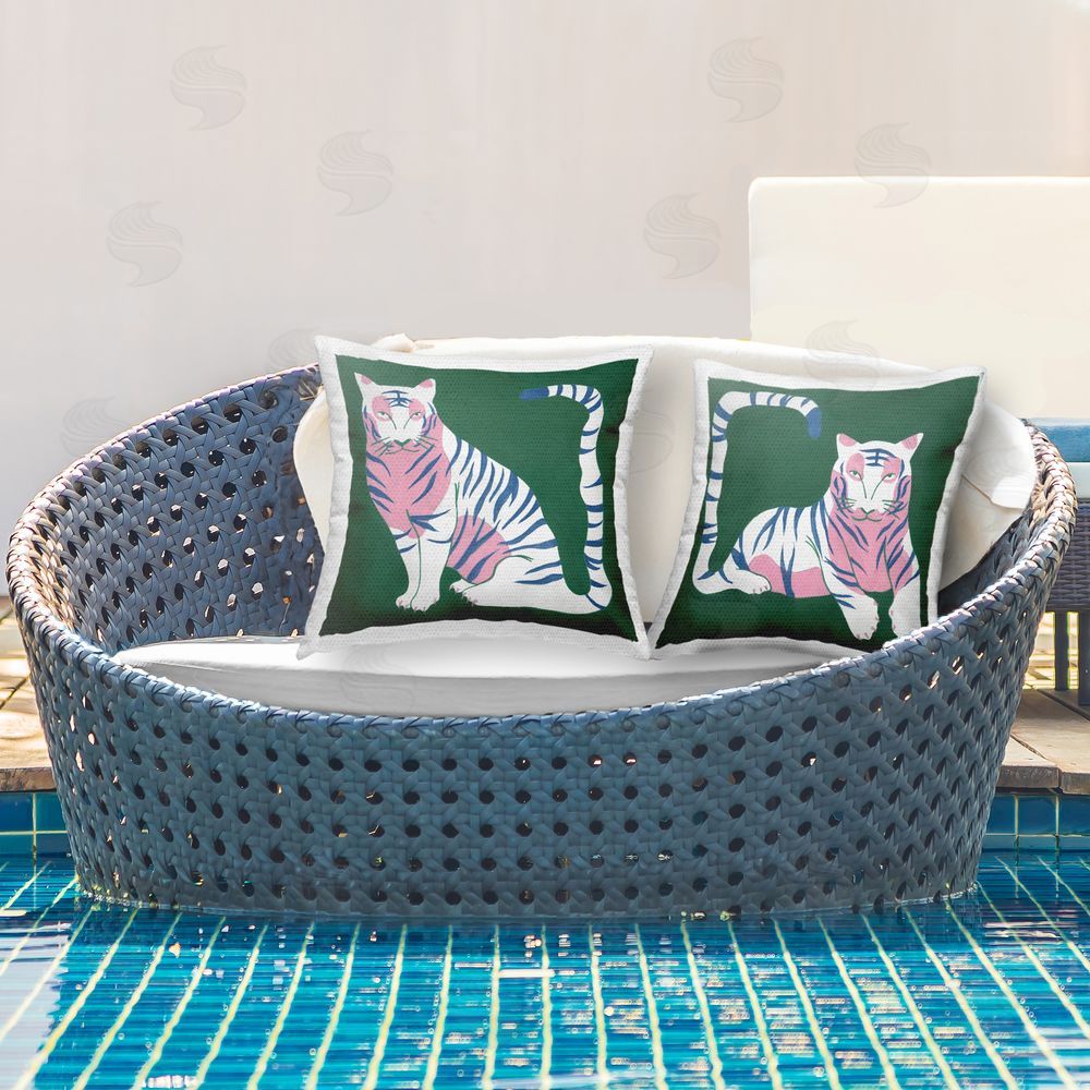 Melissa Wang Fierce Lounging Tigers Outdoor Quick-Dry Polyester Printed Throw Pillow in Back Yard