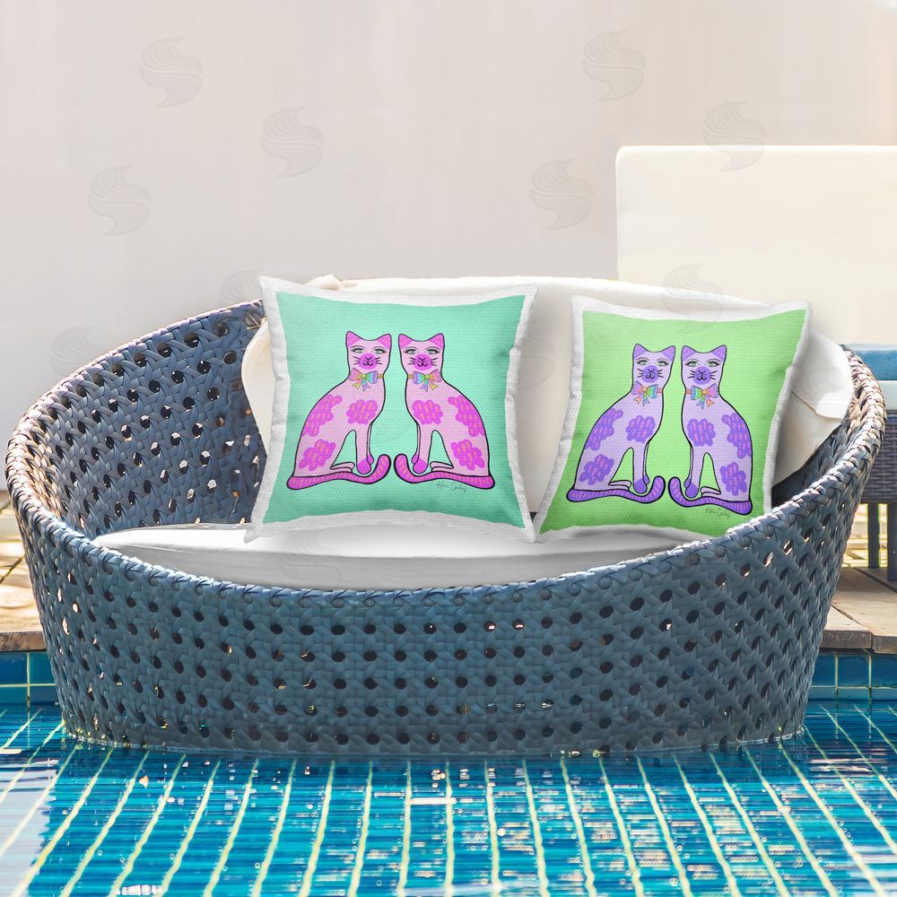 Katie Conley Funky Whimsy Cat Pairs Outdoor Quick-Dry Polyester Printed Throw Pillow in Back Yard