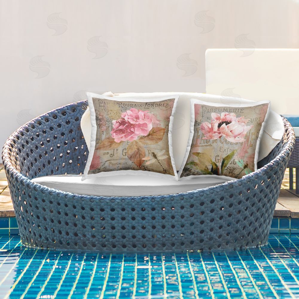 Sasha Vintage Collage French Florals Outdoor Quick-Dry Polyester Printed Throw Pillow in Back Yard