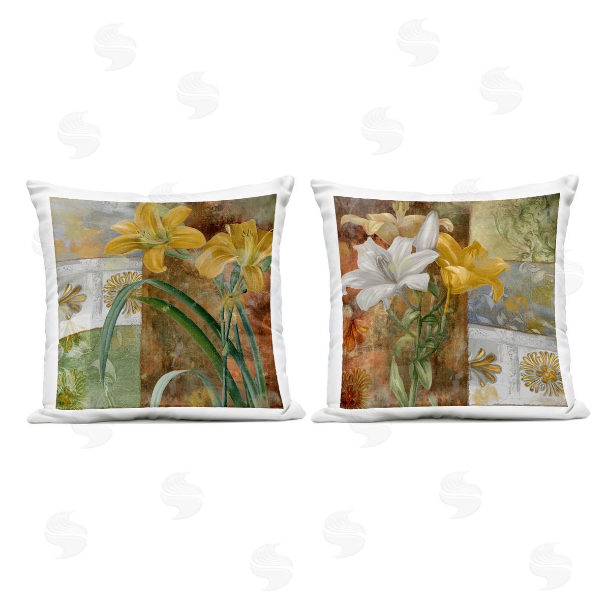 Sasha Lilies & Vintage Tile Patterns Outdoor Quick-Dry Polyester Printed Throw Pillow