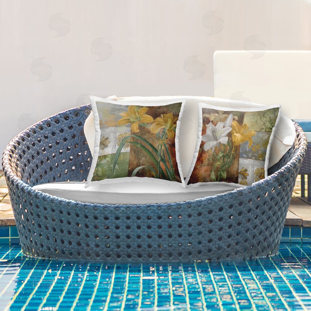 Sasha Lilies & Vintage Tile Patterns Outdoor Quick-Dry Polyester Printed Throw Pillow in Back Yard