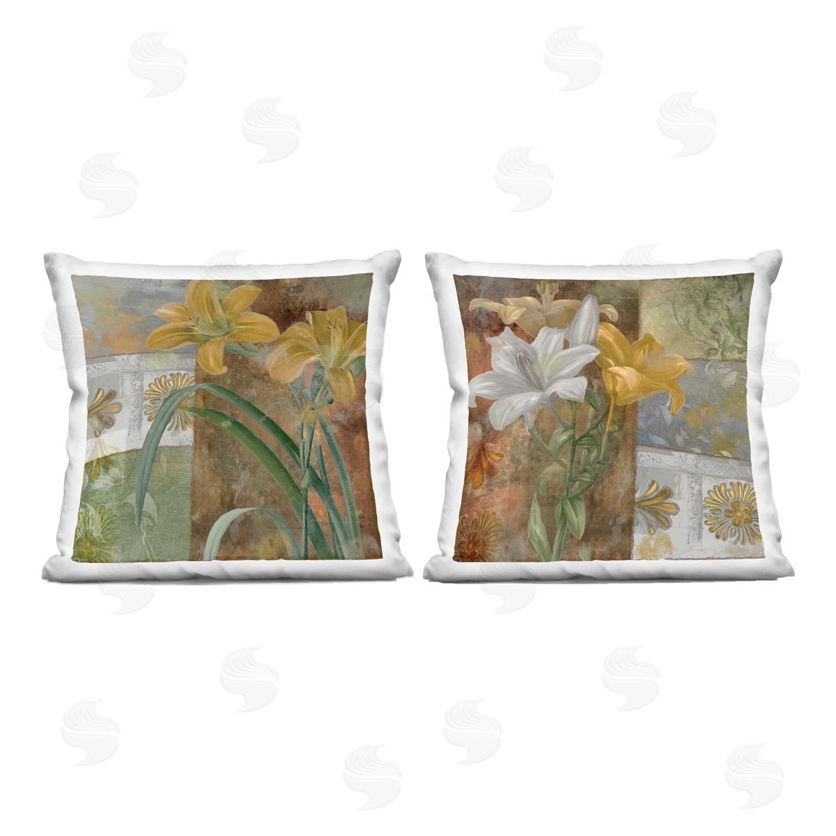Sasha Lilies & Vintage Tile Patterns Printed Plush Polyester Throw Pillow