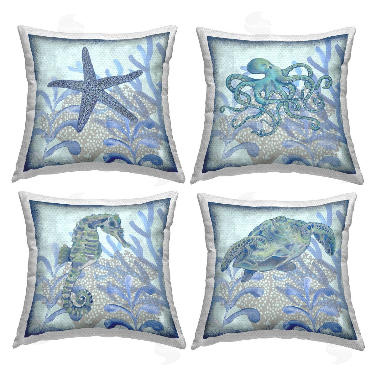 Blue Detailed Sea Life Underwater Outdoor Printed Pillow, Home Decor by Erica Christopher