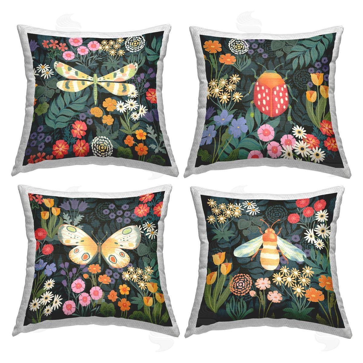 Various Insects with Flowers Outdoor Printed Pillow, Home Decor by Jennifer Brinley