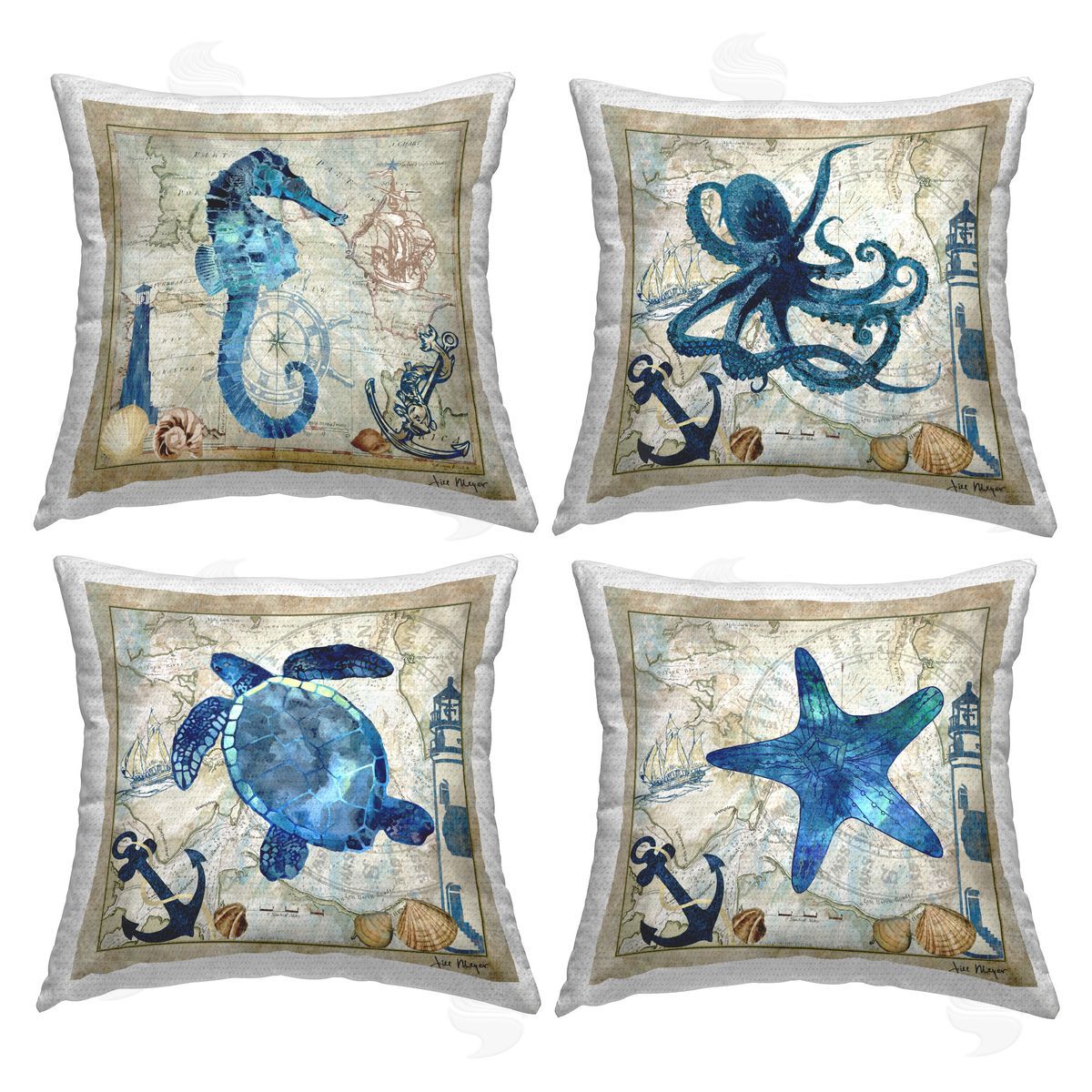 Jill Meyer Nautical Creatures on Map Outdoor Quick-Dry Polyester Printed Throw Pillow