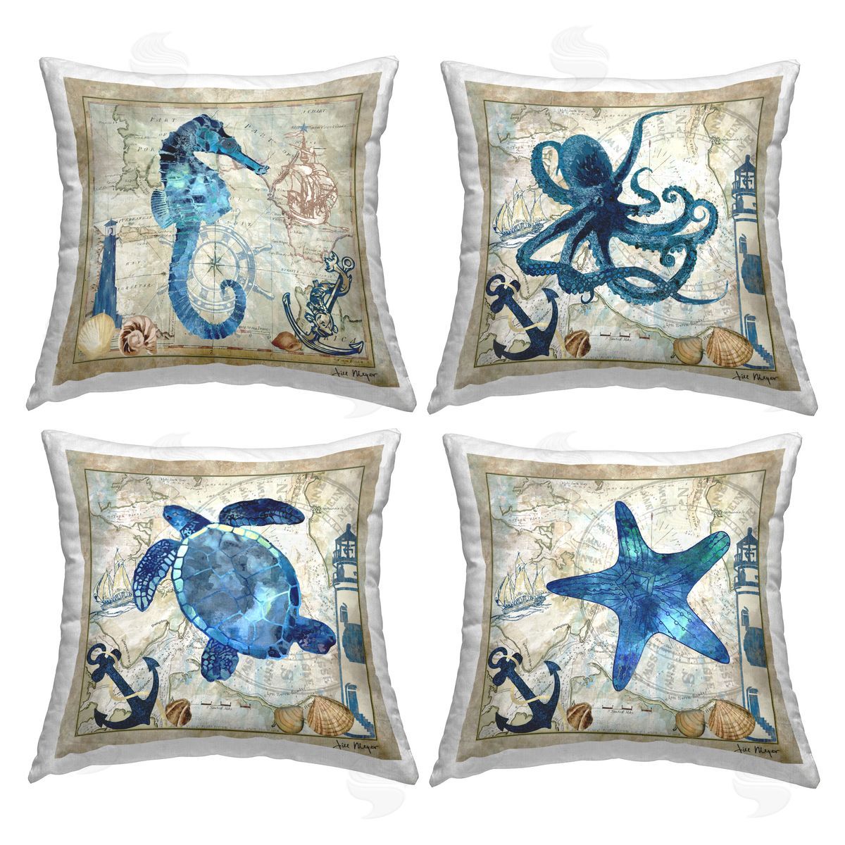 Jill Meyer Nautical Creatures on Map Printed Plush Polyester Throw Pillow