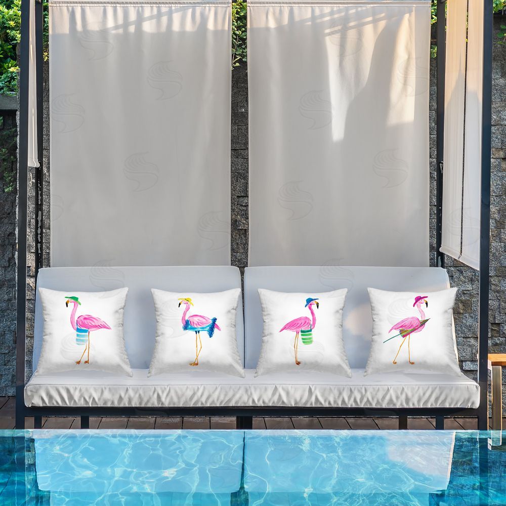 Grace Popp Fun Beach Flamingos Outdoor Quick-Dry Polyester Printed Throw Pillow in Back Yard