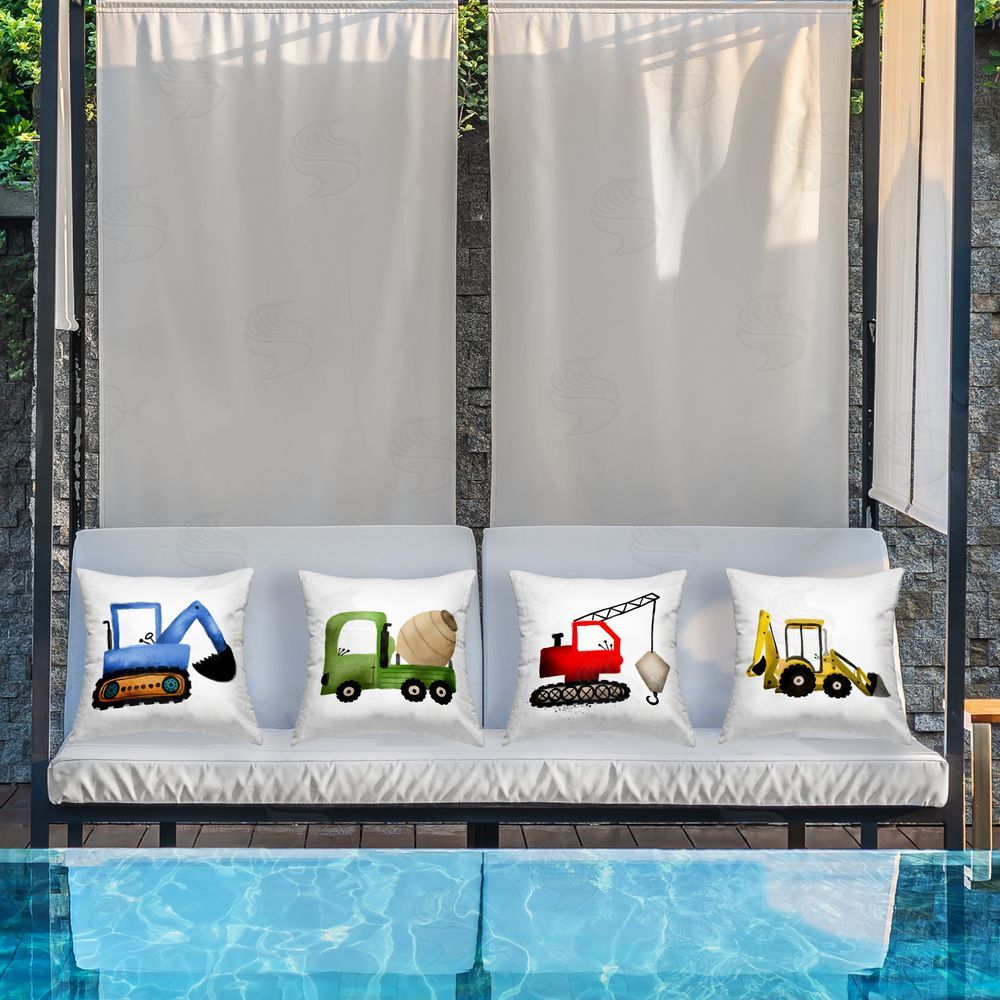 Paul Brent Varied Construction Vehicles Outdoor Quick-Dry Polyester Printed Throw Pillow in Back Yard