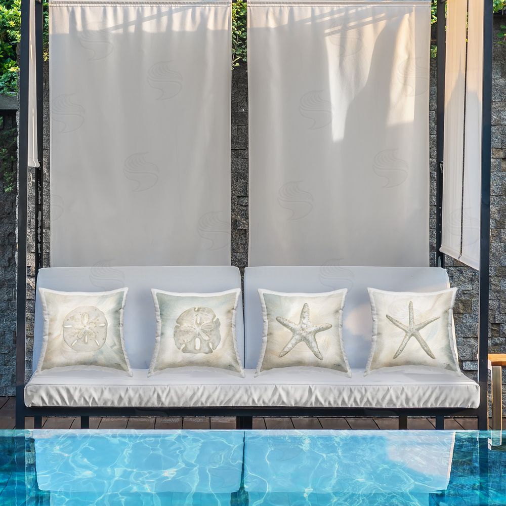 Yvette St. Amant Neutral Starfish & Sand Dollars Outdoor Quick-Dry Polyester Printed Throw Pillow in Back Yard