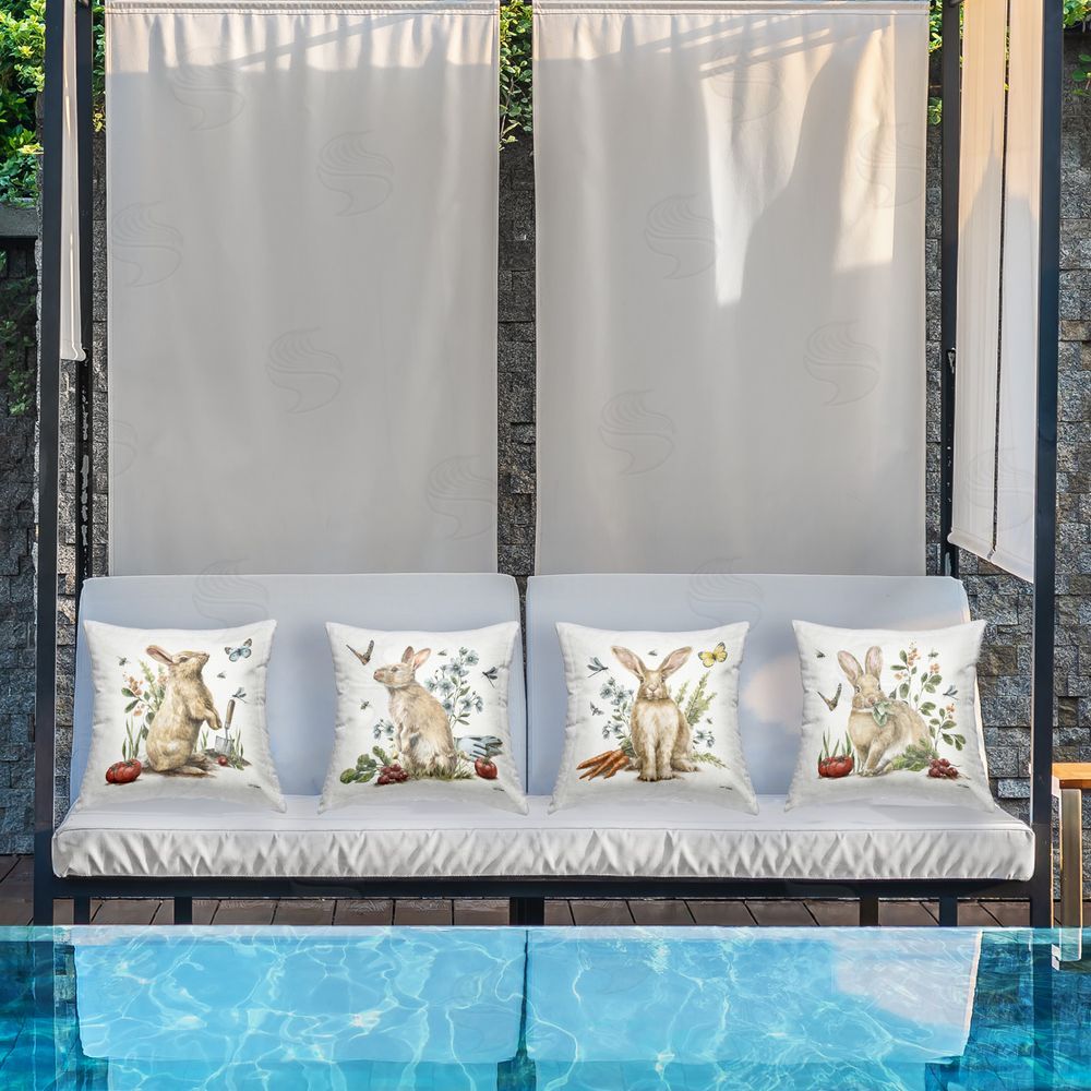 Leslie Trimbach Spring Woodland Rabbits Outdoor Quick-Dry Polyester Printed Throw Pillow in Back Yard