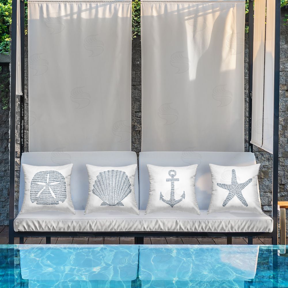Jetty Home LLC Marine Shells on White Outdoor Quick-Dry Polyester Printed Throw Pillow in Back Yard