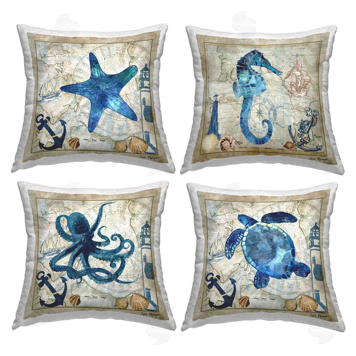 Jill Meyer Sea Life Maritime Motif Outdoor Quick-Dry Polyester Printed Throw Pillow