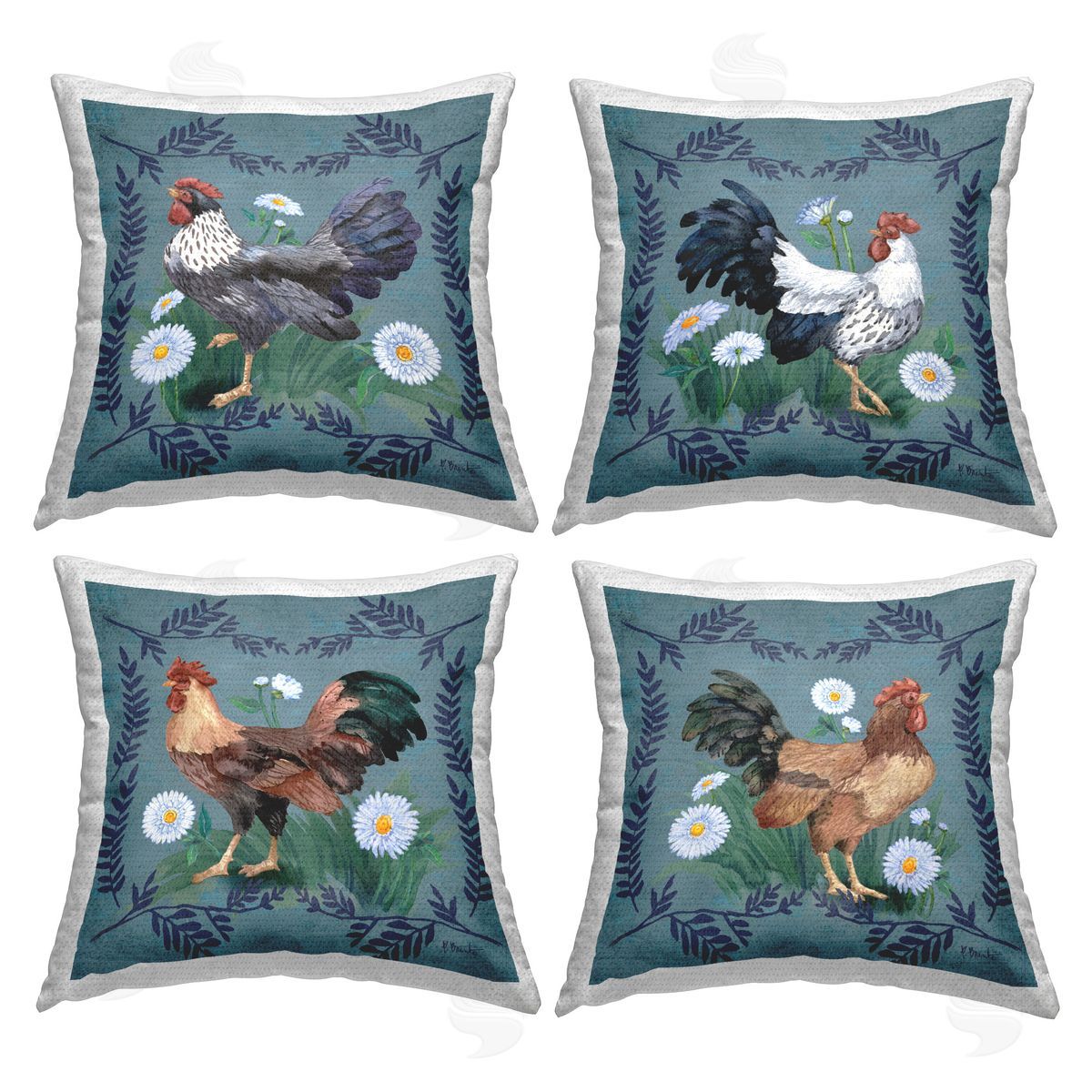 Paul Brent Fern & Daisy Roosters Outdoor Quick-Dry Polyester Printed Throw Pillow
