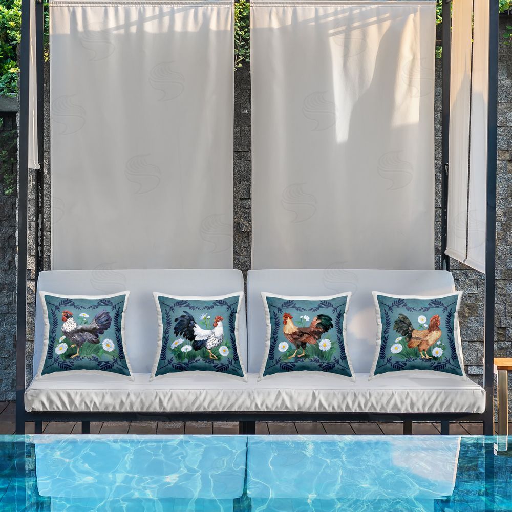Paul Brent Fern & Daisy Roosters Outdoor Quick-Dry Polyester Printed Throw Pillow in Back Yard