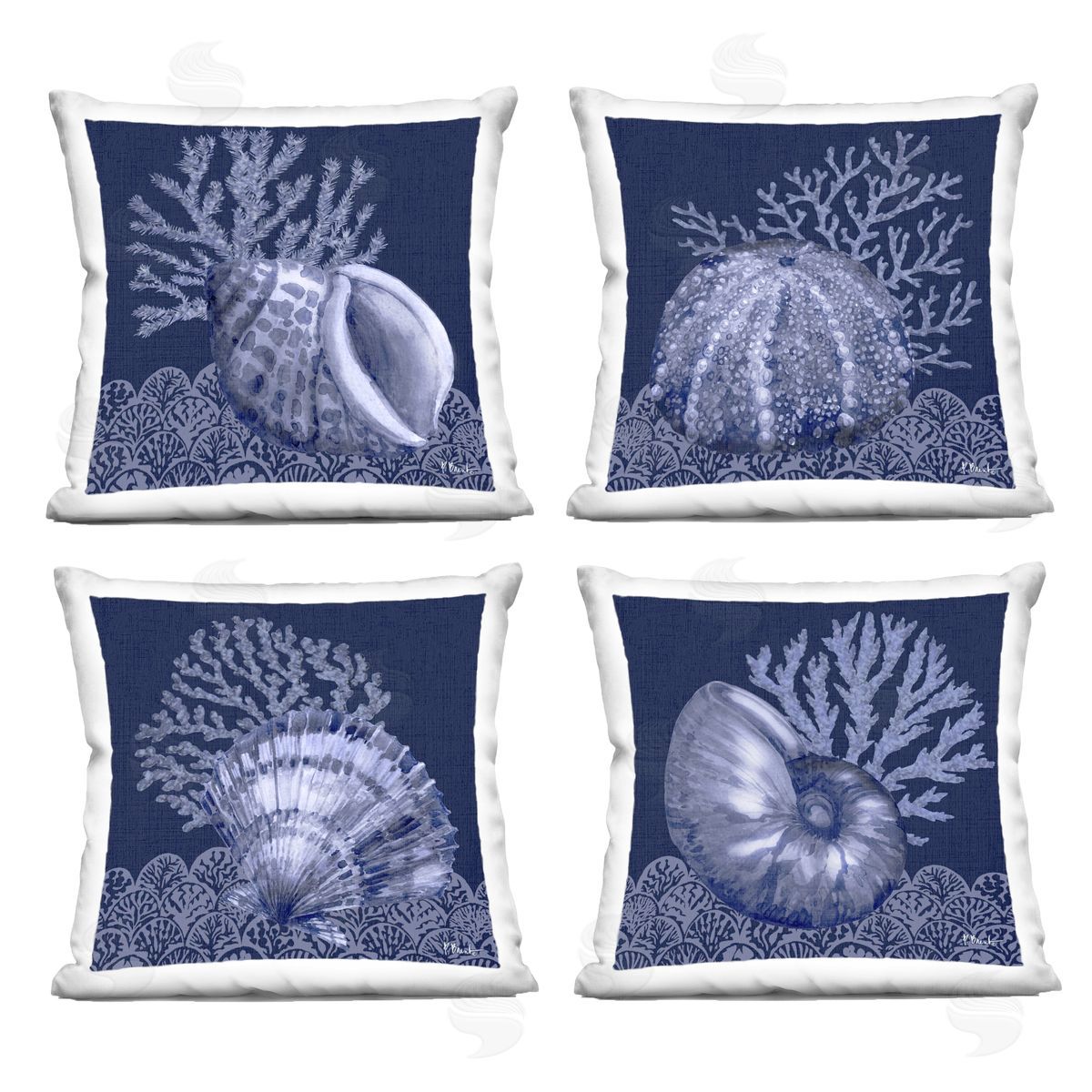 Paul Brent Indigo Nautical Seashells Printed Plush Polyester Throw Pillow