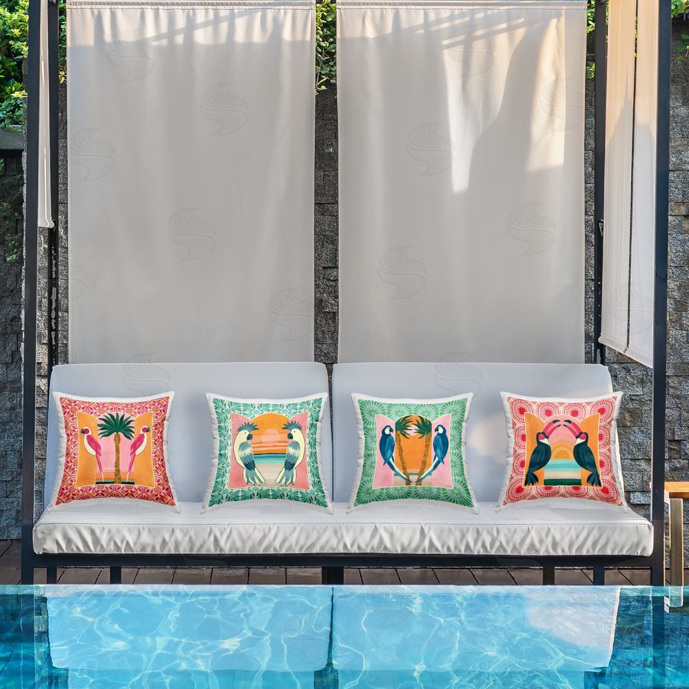 Yvette St. Amant Patterned Twin Bird Symmetry Outdoor Quick-Dry Polyester Printed Square Pillow Set on Patio