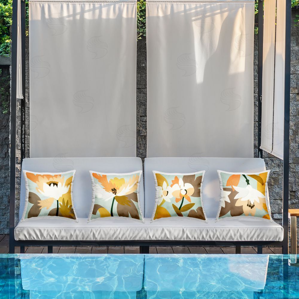 Liz Jardine Minimal Stylized Leafy Blooms Outdoor Quick-Dry Polyester Printed Square Pillow Set on Patio