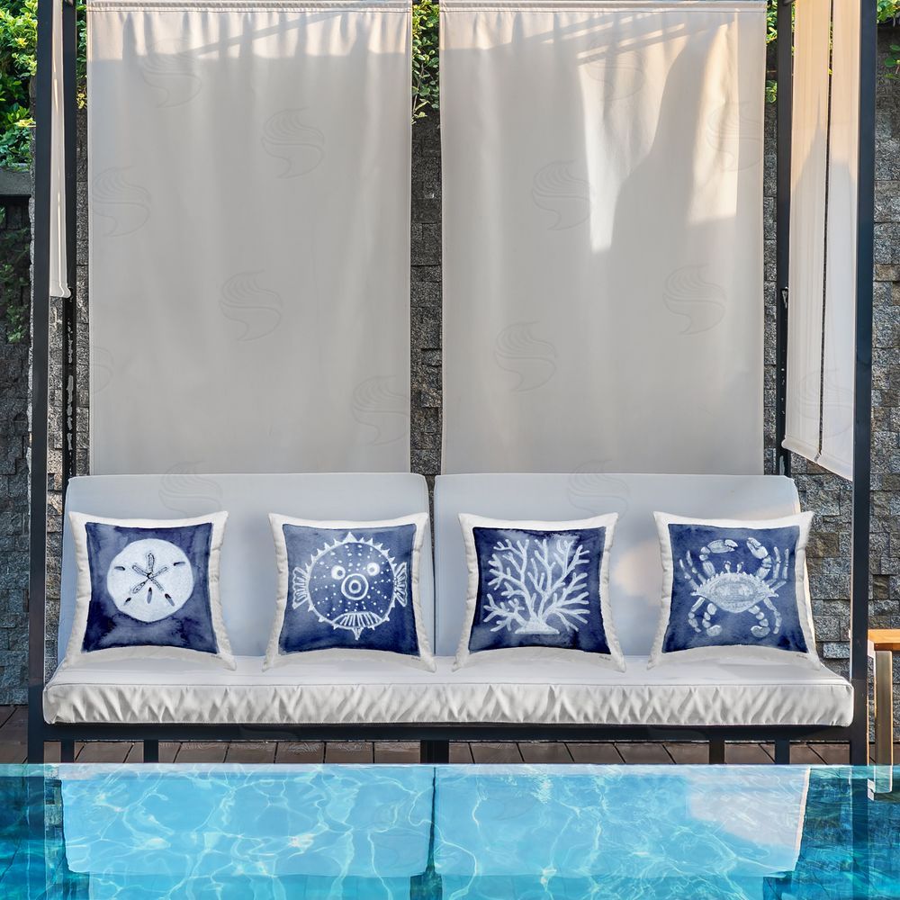 Patti Bishop Aquatic Creatures on Indigo Outdoor Quick-Dry Polyester Printed Square Pillow Set on Patio