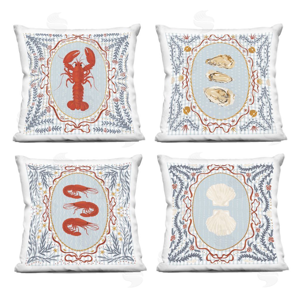 Vero Illustrates Sea Creatures on Blue Gingham Square Printed Throw Pillow