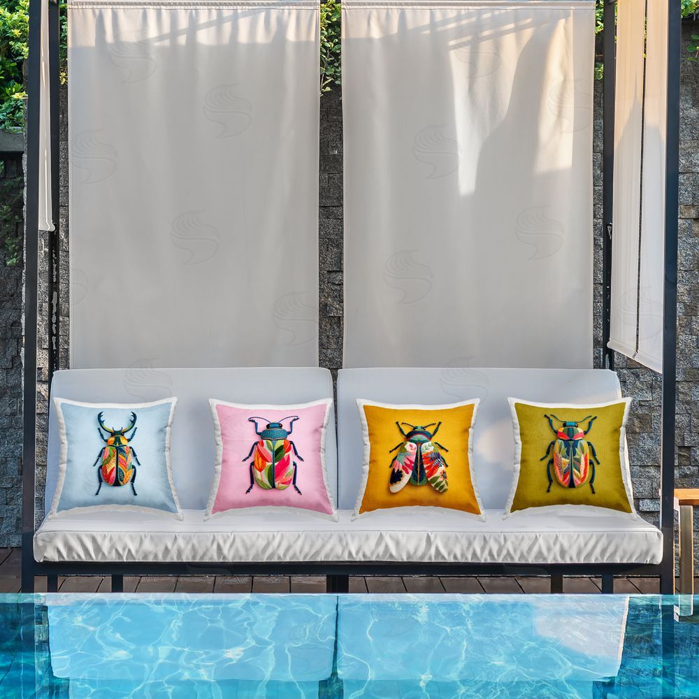 A Barefoot Stylist Faux Embroidered Beetles Outdoor Quick-Dry Polyester Printed Square Pillow Set on Patio