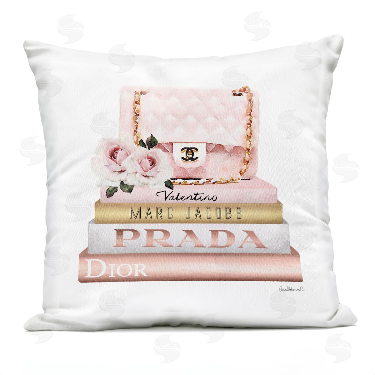 Pink Purse Gold Fashion Bookstack Outdoor Printed Pillow, Home Decor by Amanda Greenwood