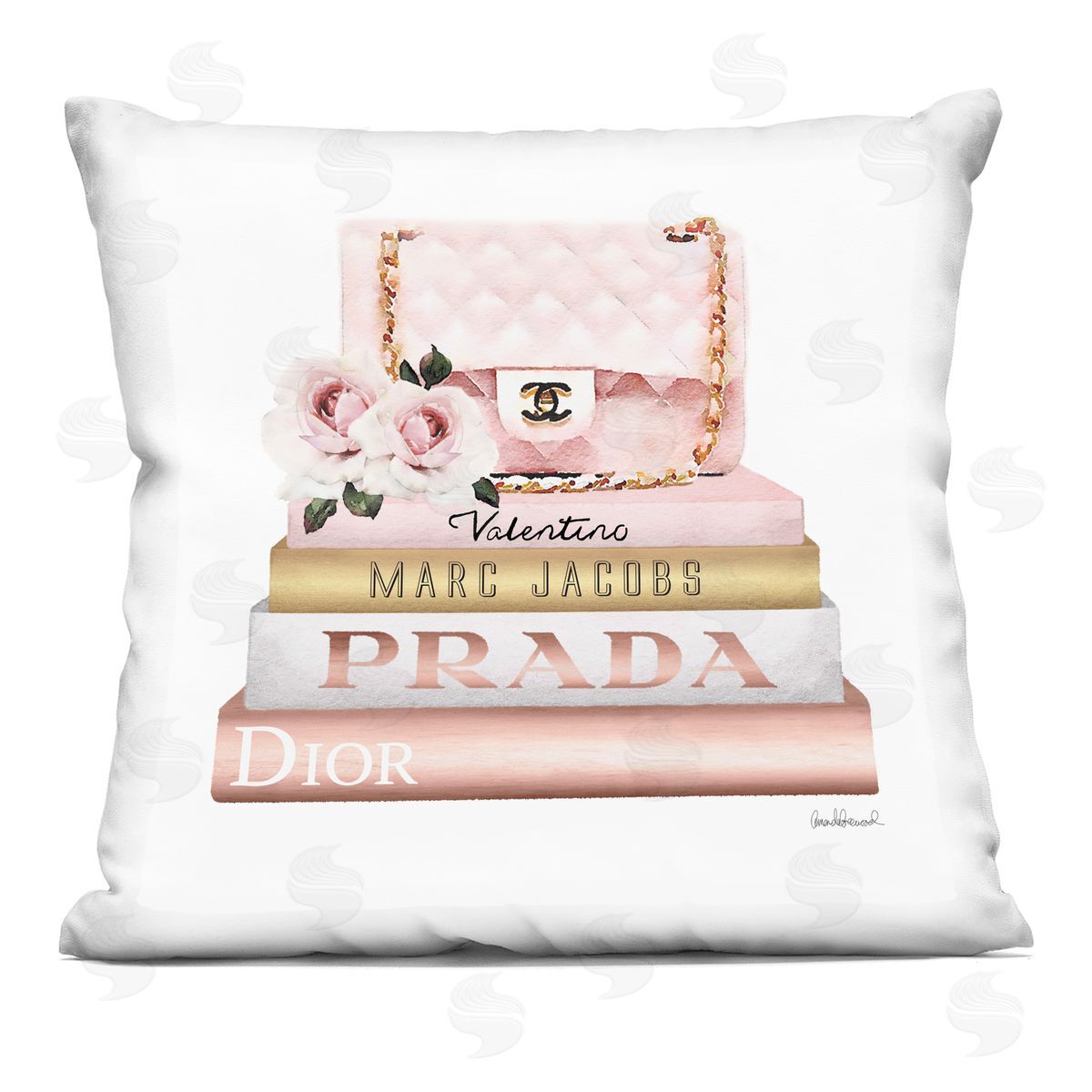 Pink Purse Gold Fashion Bookstack Decorative Printed Pillow, Home Decor by Amanda Greenwood