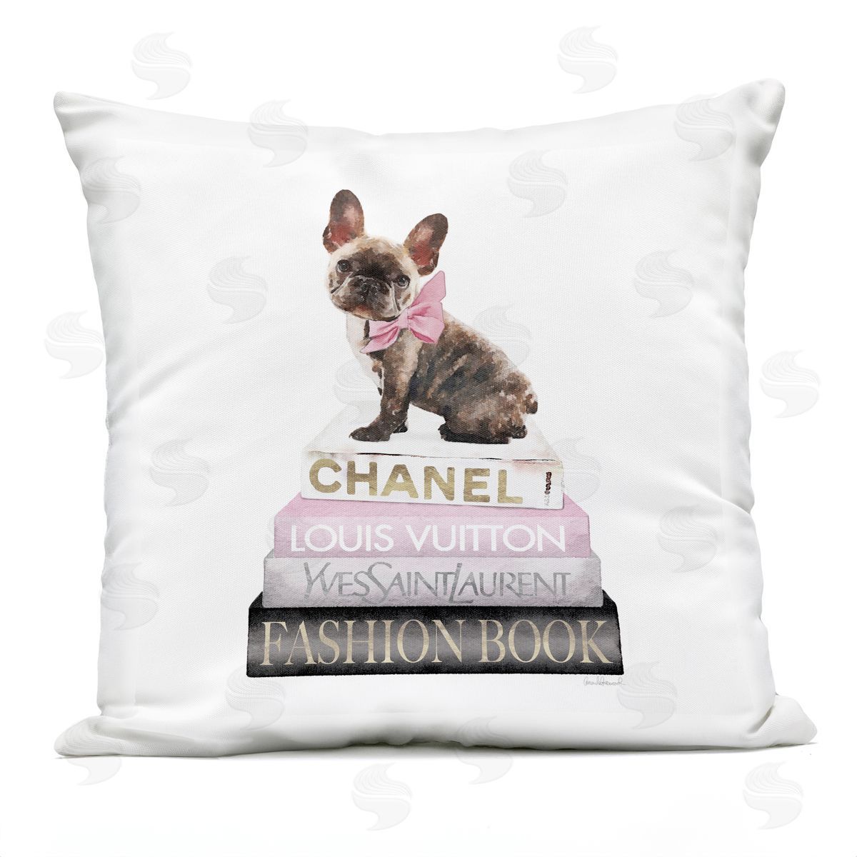 Pink Bow Dog Bookstack Outdoor Printed Pillow, Home Decor by Amanda Greenwood
