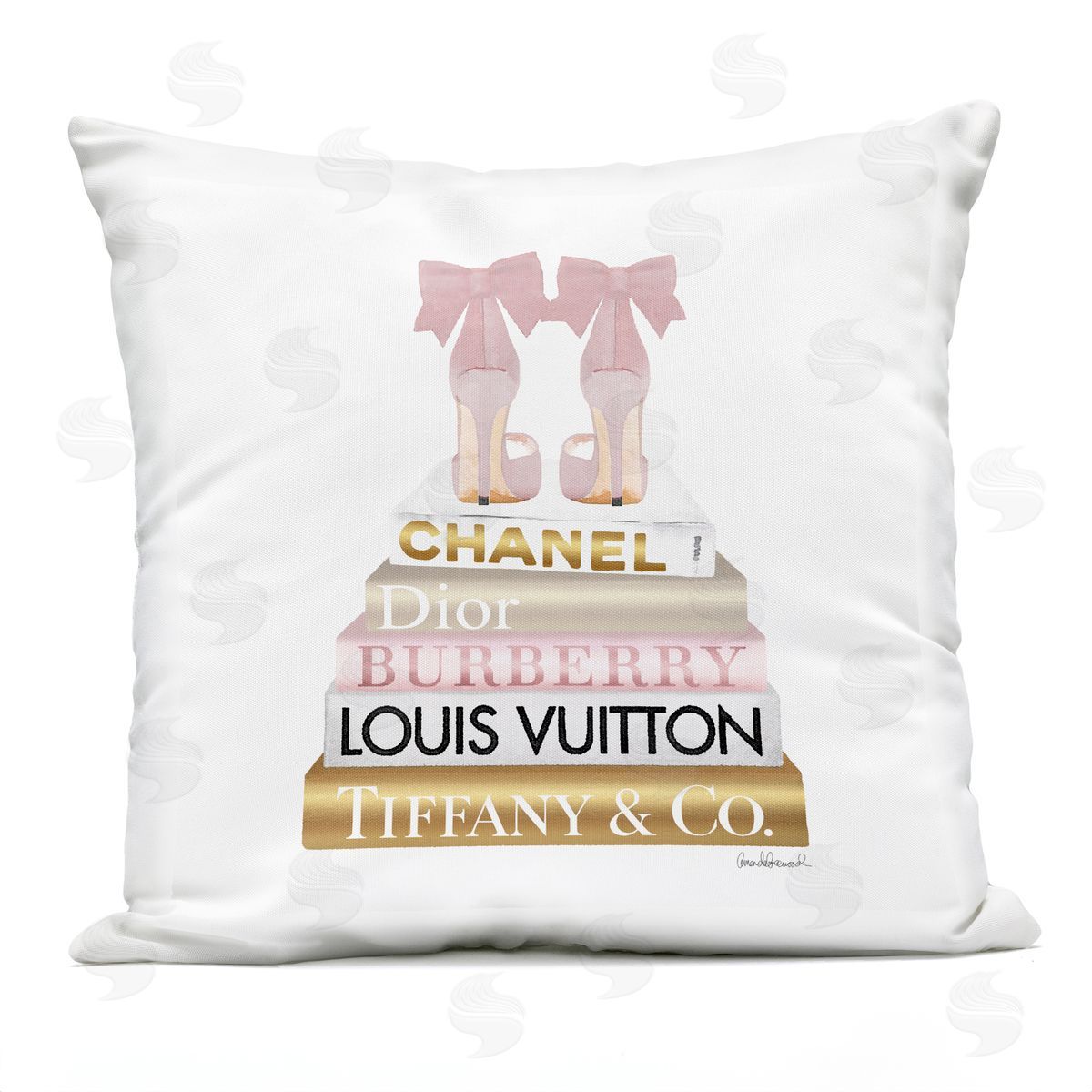Pink Gold Heels Bookstack Outdoor Printed Pillow, Home Decor by Amanda Greenwood