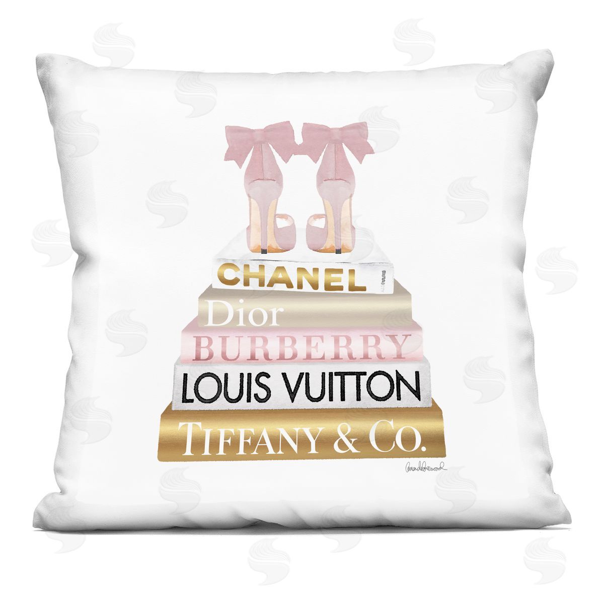 Pink Gold Heels Bookstack Decorative Printed Pillow, Home Decor by Amanda Greenwood