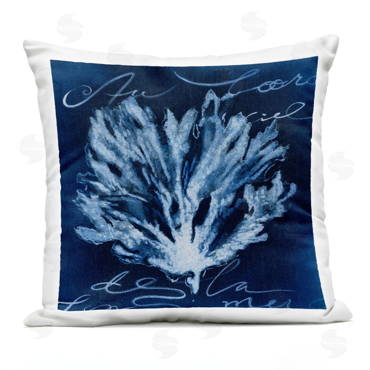 Abstract Design Coral Script Nautical Blue White Outdoor Printed Pillow, Home Decor by Liz Jardine