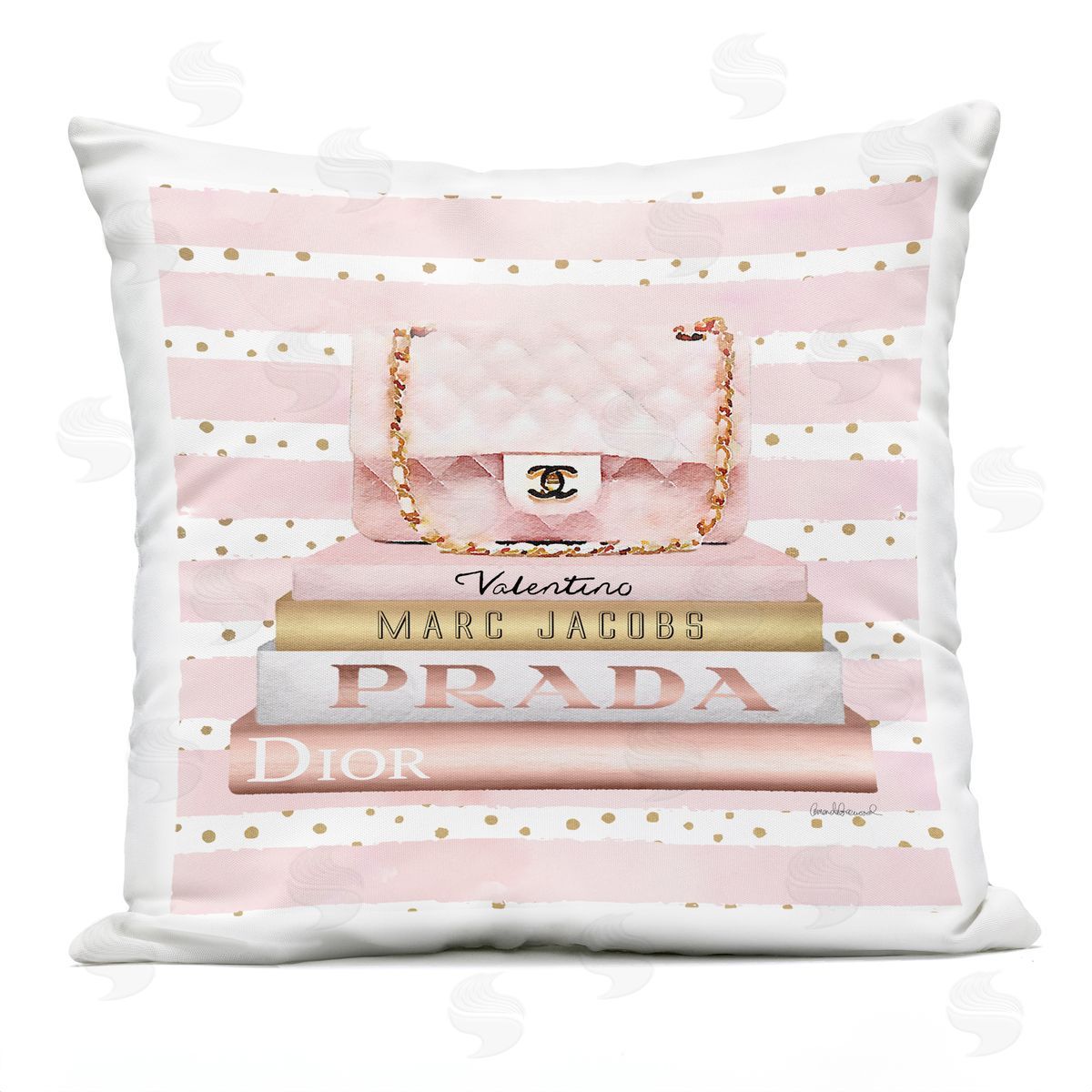 Pink Designer Bag on Fashion Bookstack Striped Pattern Outdoor Printed Pillow, Home Decor by Amanda Greenwood
