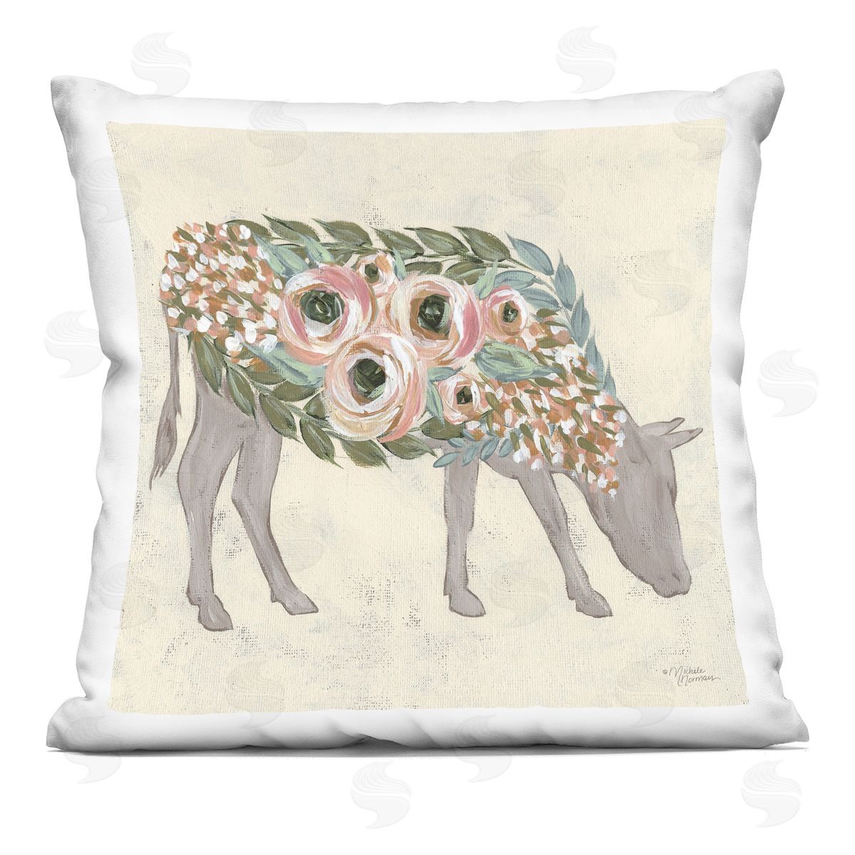 Rustic Horse Pink Green Floral Body Decorative Printed Pillow, Home Decor by Michele Norman