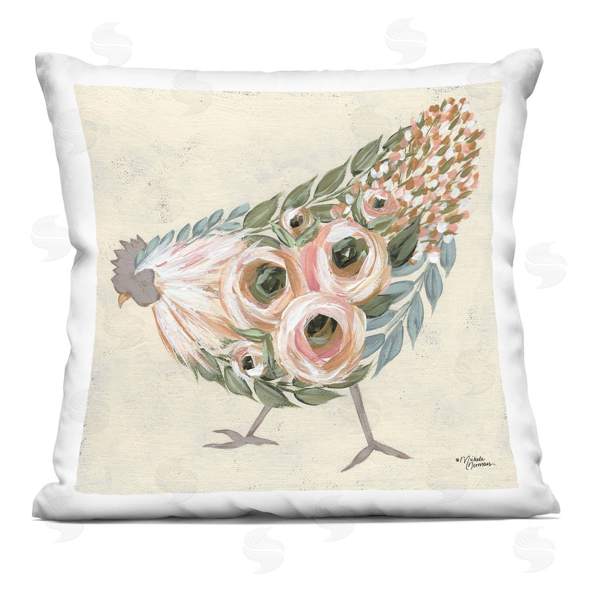 Vintage Farm Chicken Pink Floral Body Decorative Printed Pillow, Home Decor by Michele Norman