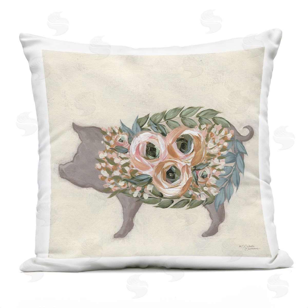 Charming Farm Pig Green Pink Floral Body Outdoor Printed Pillow, Home Decor by Michele Norman