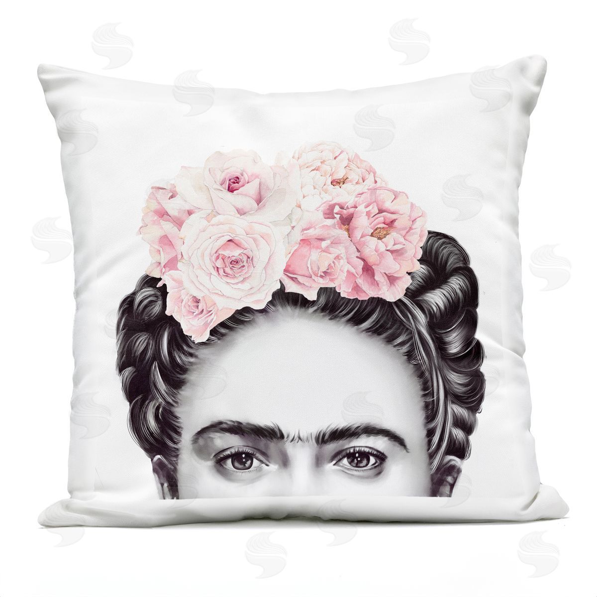 Frida With Pink Roses Powerful Full Eyed Portrait Outdoor Printed Pillow, Home Decor by Ros Ruseva