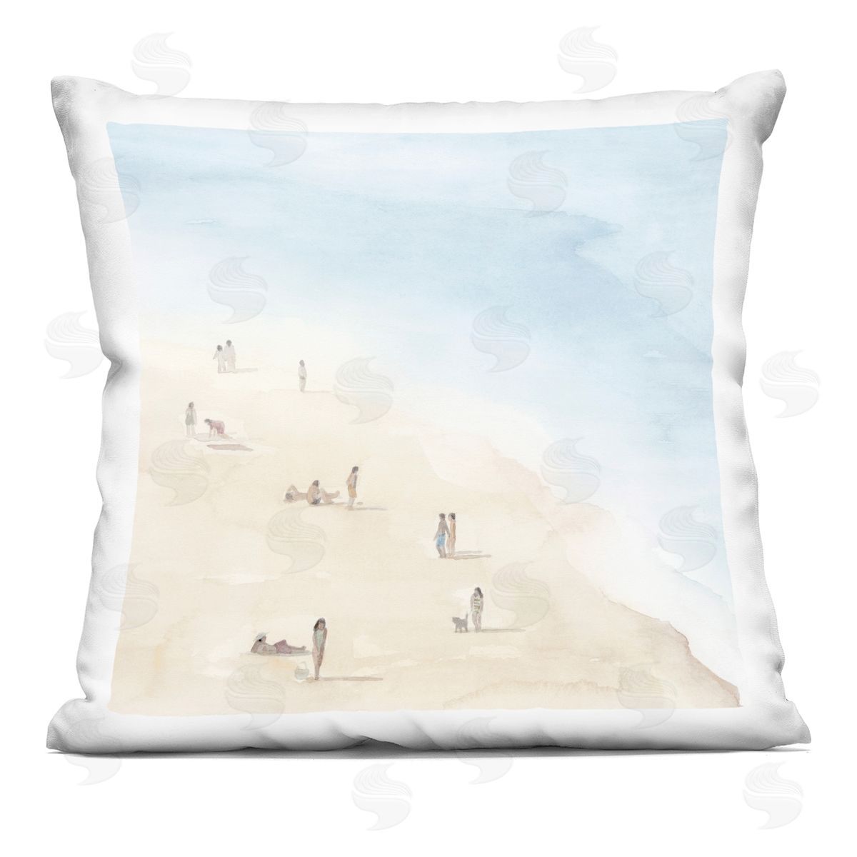 People Lounging at Beach Soft Blue Coastal Landscape Decorative Printed Pillow, Home Decor by Grace Popp