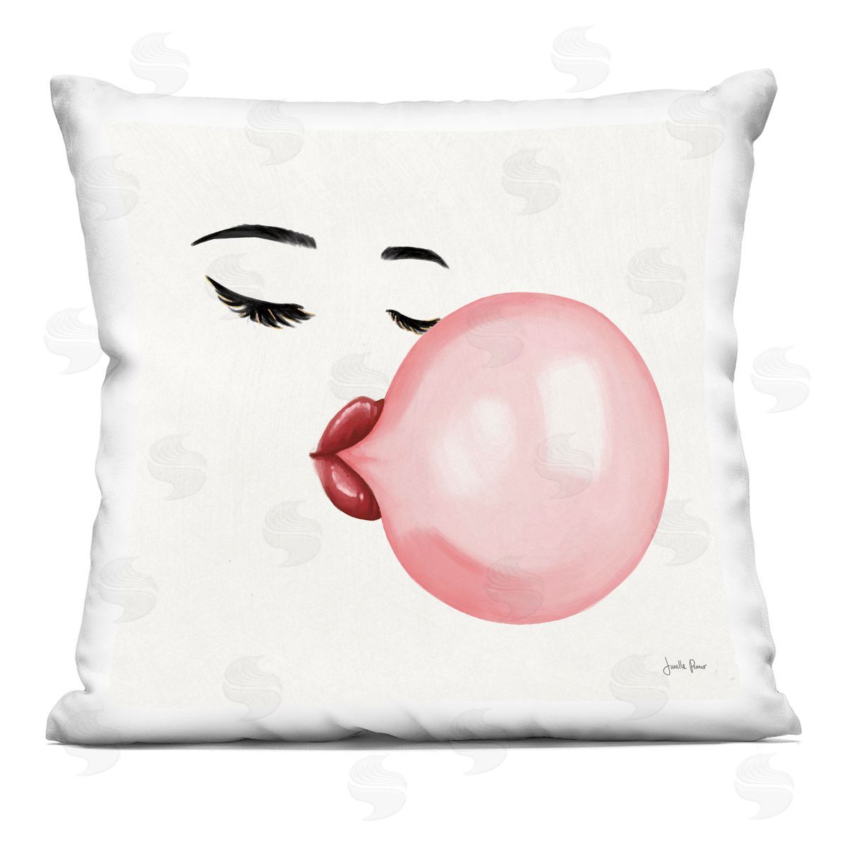 Blowing Bubble Bold Lips Decorative Printed Pillow, Home Decor by Janelle Penner