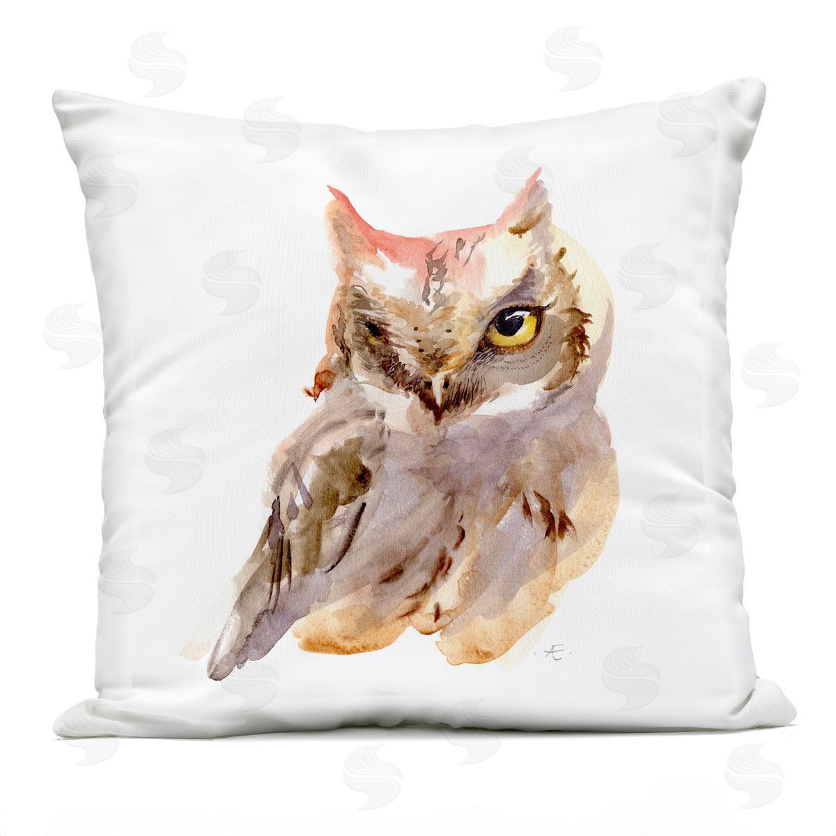 Brown Horned Owl Eye Wink Minimal Bird Outdoor Printed Pillow, Home Decor by Verbrugge Watercolor