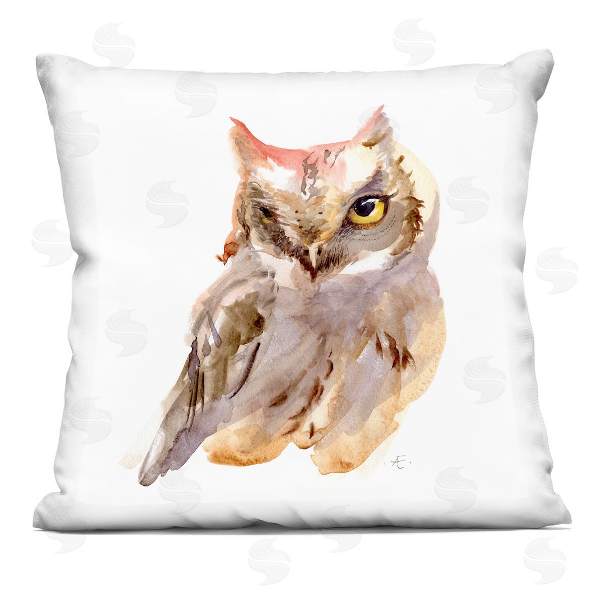 Brown Horned Owl Eye Wink Minimal Bird Decorative Printed Pillow, Home Decor by Verbrugge Watercolor