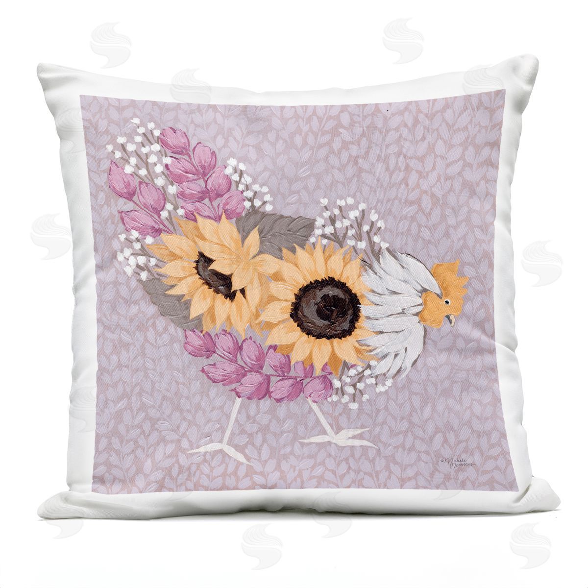 Abstract Hen Portrait Sunflower Body Botanical Pattern Outdoor Printed Pillow, Home Decor by Michele Norman