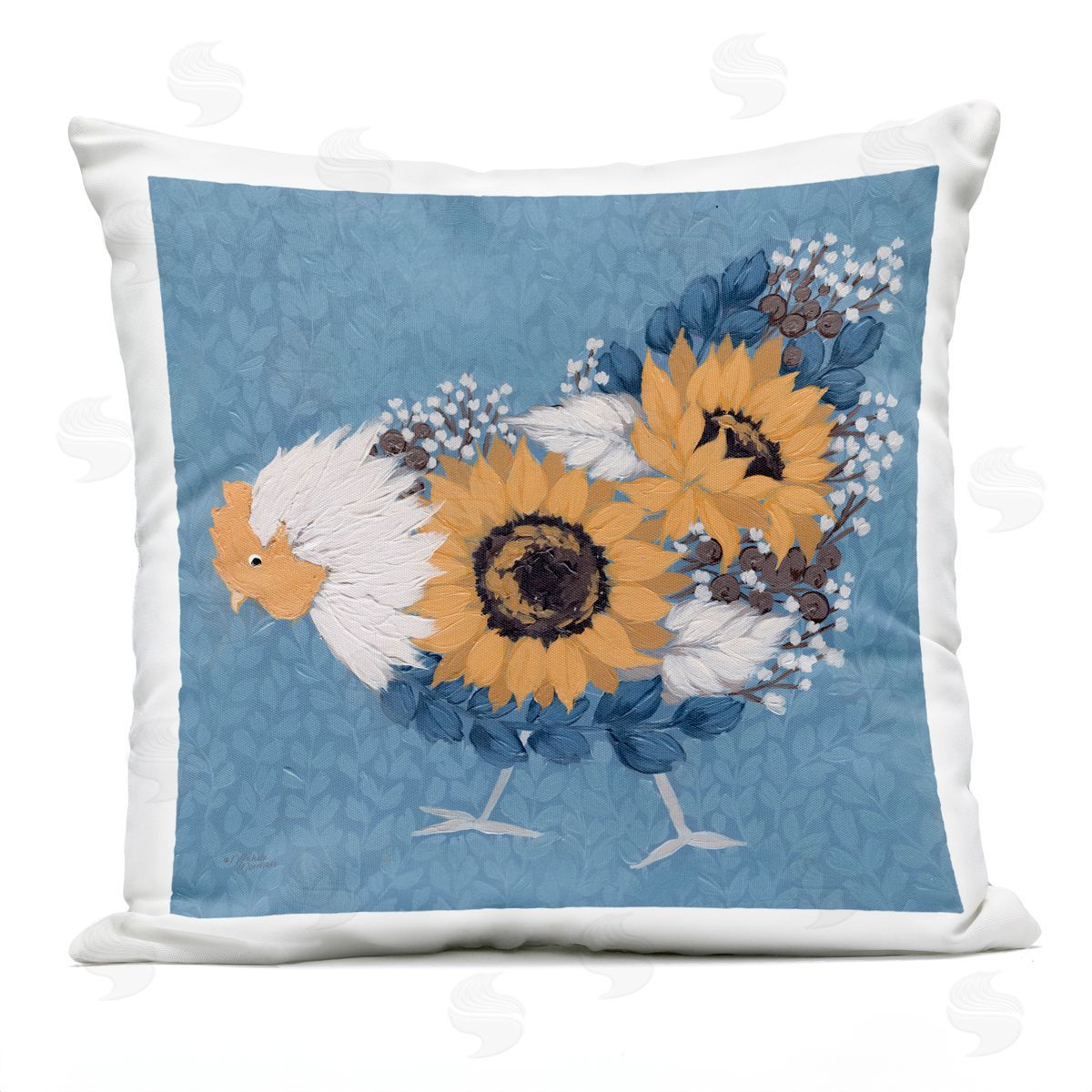 Abstract Chicken Portrait Sunflower Body Botanical Pattern Outdoor Printed Pillow, Home Decor by Michele Norman