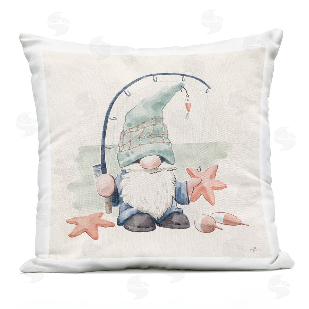 Summer Beach Fishing Gnome Holding Starfish Outdoor Printed Pillow, Home Decor by Janelle Penner