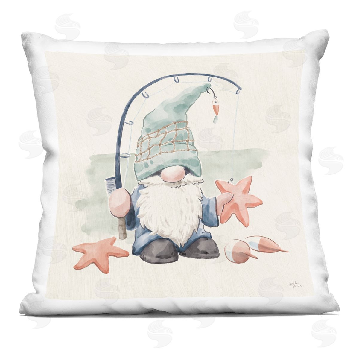 Summer Beach Fishing Gnome Holding Starfish Decorative Printed Pillow, Home Decor by Janelle Penner