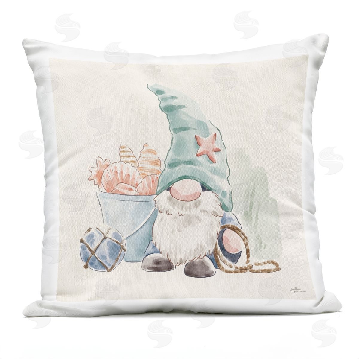 Summertime Gnome Nautical Beach Shells Outdoor Printed Pillow, Home Decor by Janelle Penner
