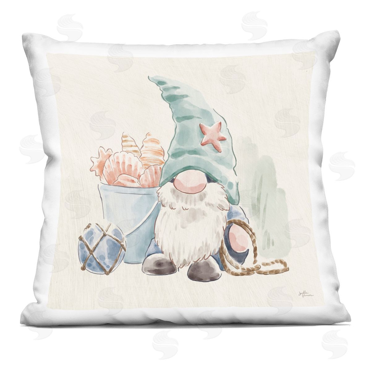 Summertime Gnome Nautical Beach Shells Decorative Printed Pillow, Home Decor by Janelle Penner