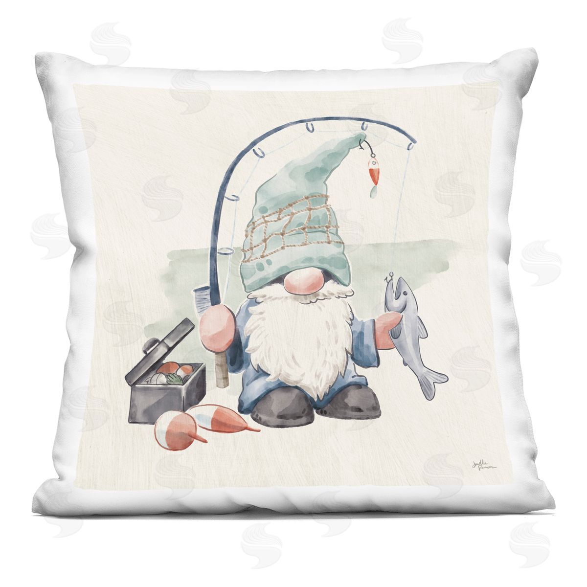 Gnome Fishing Pole Summer Watercolor Beach Theme Decorative Printed Pillow, Home Decor by Janelle Penner