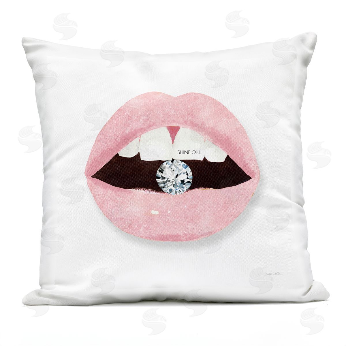 Shine On Motivational Phrase Pink Lips Diamond Bite Outdoor Printed Pillow, Home Decor by Mercedes Lopez Charro