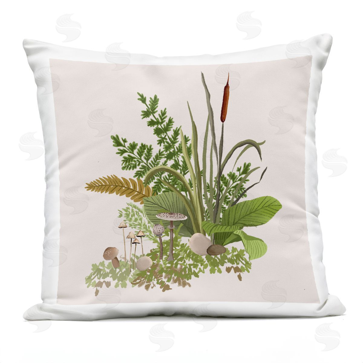 Rustic Mushrooms and Forest Foliage over Beige Outdoor Printed Pillow, Home Decor by House of Rose