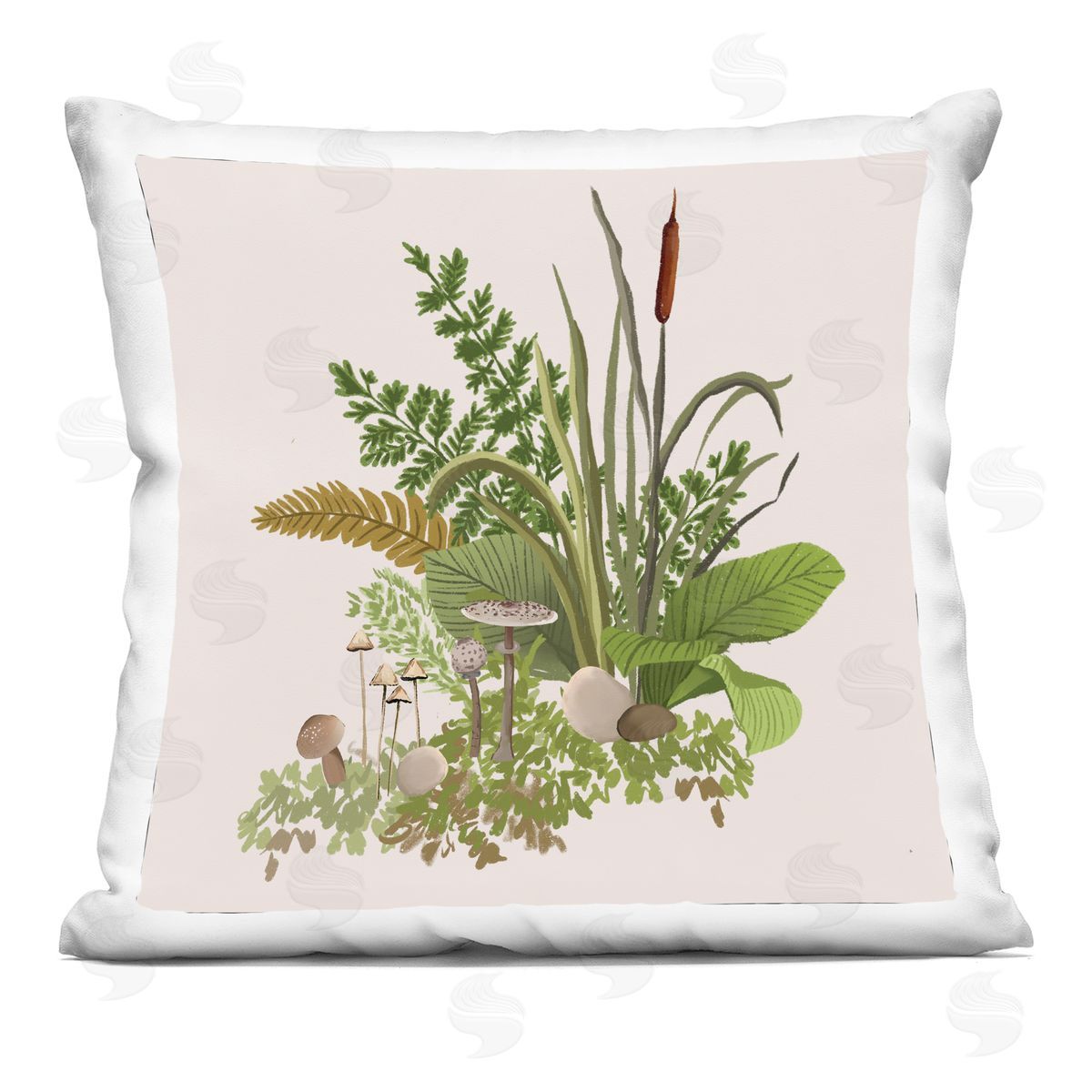 Rustic Mushrooms and Forest Foliage over Beige Decorative Printed Pillow, Home Decor by House of Rose